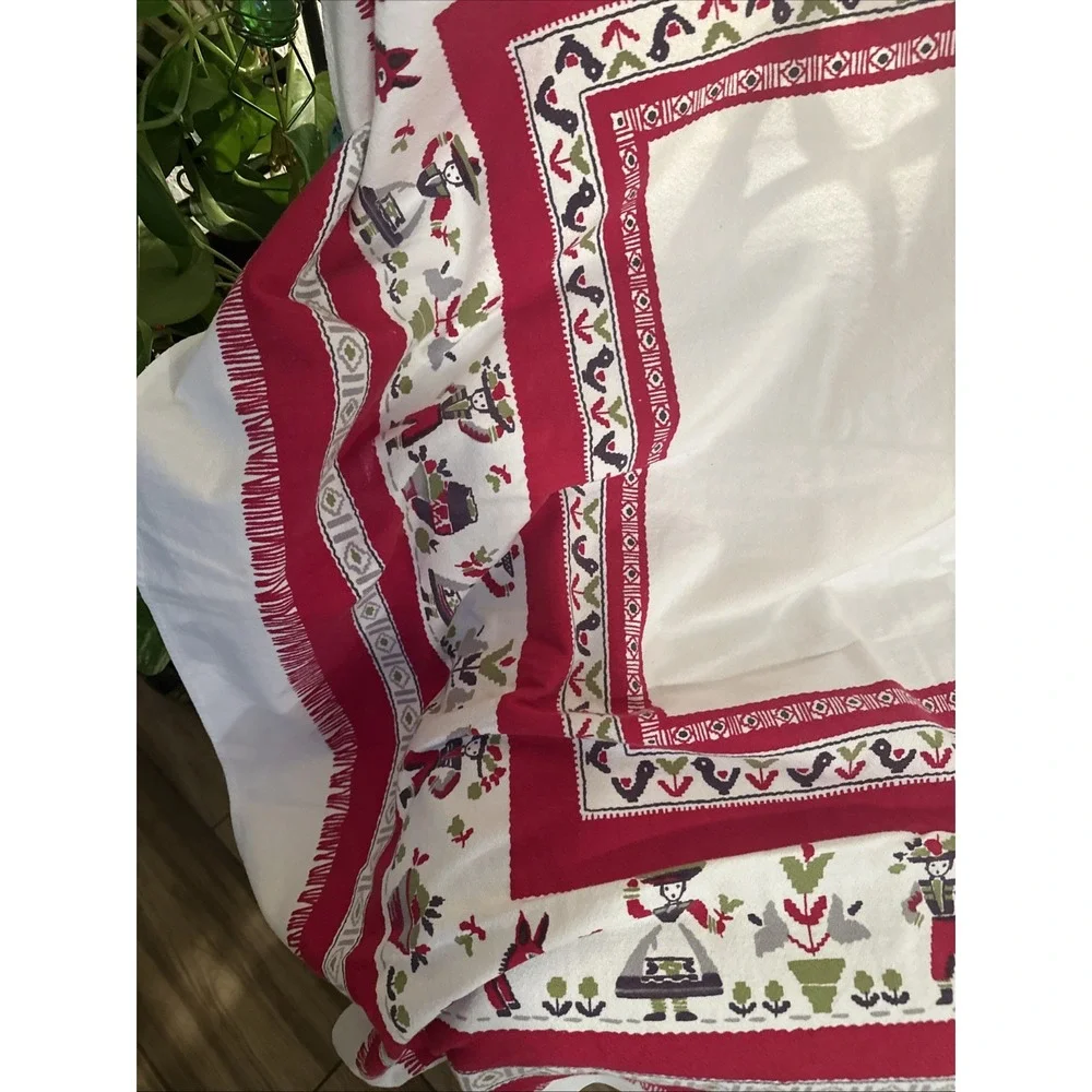 Beautiful  1960's Style Folk Art Red-green Cotton Tablecloth 52x46
